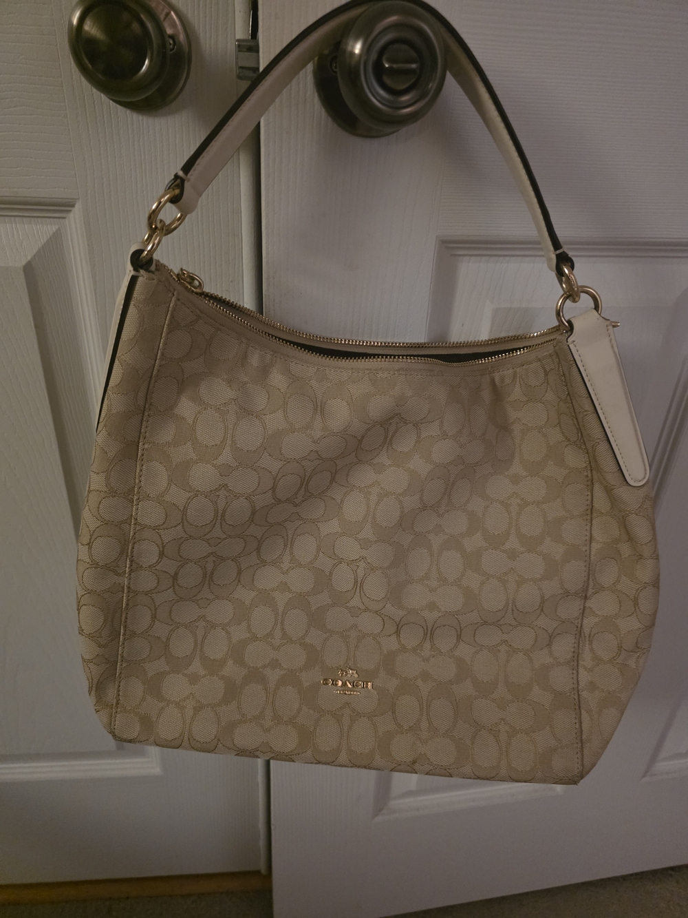 Coach Beige Signature Canvas Shoulder Bag with Chalk Trim